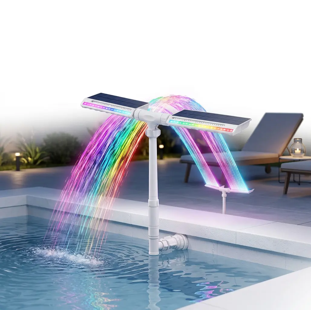Dual-Head Solar Pool Fountain - 8000mAh Battery Powered Water Feature with 10-Color LED Lights, RGB, Auto Dusk Sensor, and Adjustable Spray for Inground and Above Ground Pools