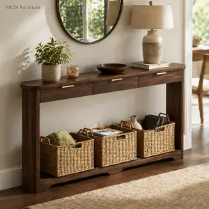 70.1" Arch Wavy-Patterned Wooden Storage Table with Drawers, Slim Piece for Coffee Table Decor, Ideal for Entryways & Hallways, Walnut Finish, 70.1"L x 8.7"W x 35.5"H, Decor Items, Living Room Decor