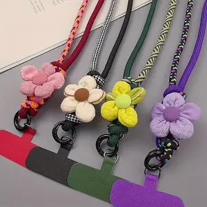 Long-length phone strap, handmade small flower design, adjustable crossbody phone lanyard with woven construction, suitable for carrying a phone, outdoor phone case strap