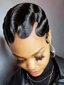 Finger Ocean Wave Pixie Cut Full Machine Made Human Hair Wig Short Hair None Lace Wig Natural Color Lightweight Comfortable for Daily Use