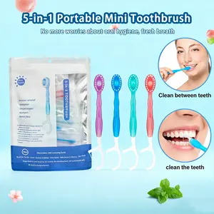 26Pcs 5 in 1 Mini Brushes - Disposable Toothbrushes with Toothpaste + Floss + Pick + Tongue Scraper | Individually Wrapped | Mint | 4Flavor Travel Set for Hotel Camping Flight Car Guest Use