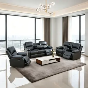 Manual 3-Piece Leather Recliner Sofa Set with Sofa, Loveseat & Chair for Living Room, Home Theater, and Office Seating