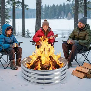 3FT Round Fire Ring Pit, Outdoor Camp Firepit, Heavy Duty Galvanized Steel 36 Inch Foldable Outside Wood Burning Bonfire Fire Pit Ring for Camping, Backyard, Garden, Beach, Yard Gatherings
