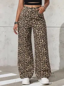 Women's Leopard Print Pocket Wide Leg Loose Casual Jeans Pants