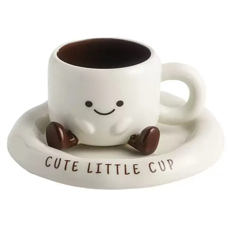 Cute Ceramic Coffee Mug with Saucer, Adorable Cartoon Cup Set for Home Office Tea Drink