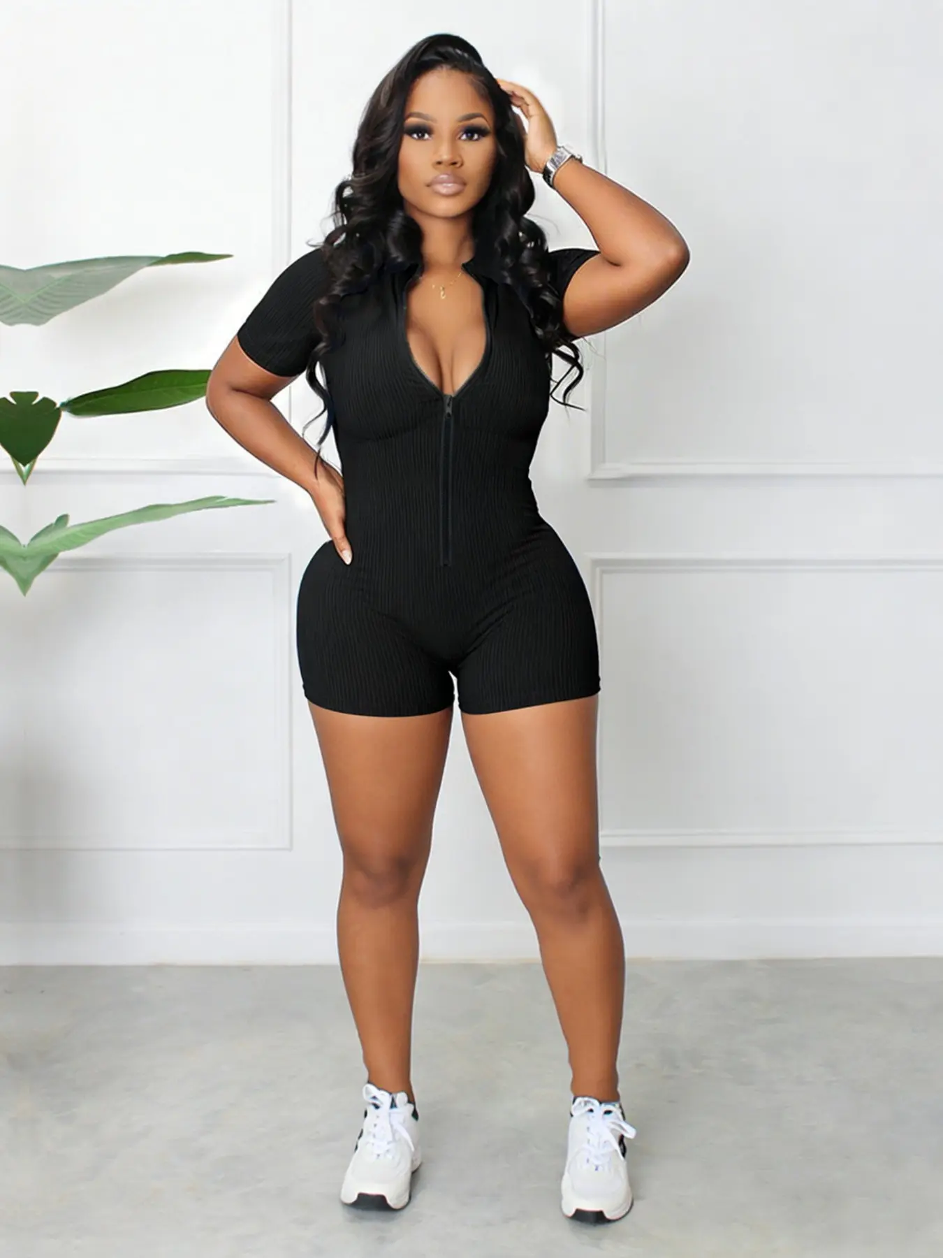 Women's Pure Color Elastic Slim Fit Ribbed Half High Neck Zipper Striped Jumpsuit, Knit Jumpsuit, Casual Fashion One-Piece Romper, Womenswear, Fitted Jumpsuit
