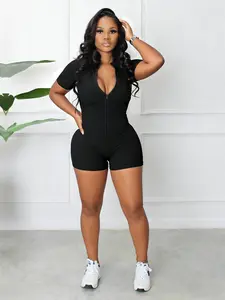 Women's Pure Color Elastic Slim Fit Ribbed Half High Neck Zipper Striped Jumpsuit, Casual Fashion One-Piece Romper, Womenswear