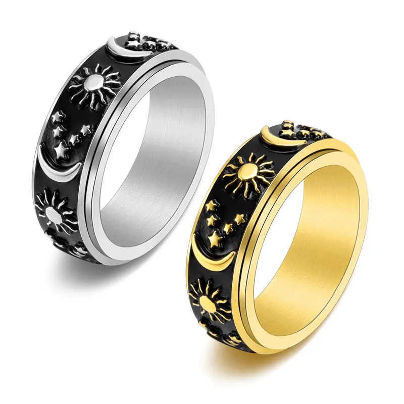 Stainless Steel Rotatable Ring, Stainless Steel 1-turn Fashionable Star, Moon, Pattern Men's and Women's Rings, Gift Jewelry, Rotating Ring