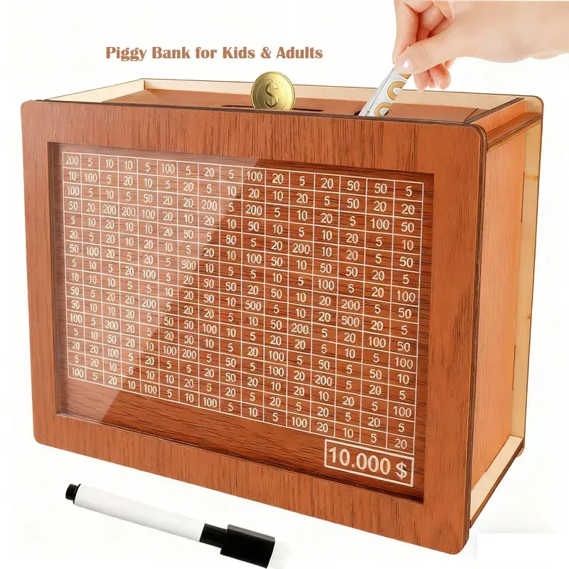 Wooden Cash Money Saving Box,Piggy Bank for Kids & Adults,10000 Savings Challenge Box,Coin Bank Toys Gift for 3-12 Year Old Boys & Girls (10000 Dollar)