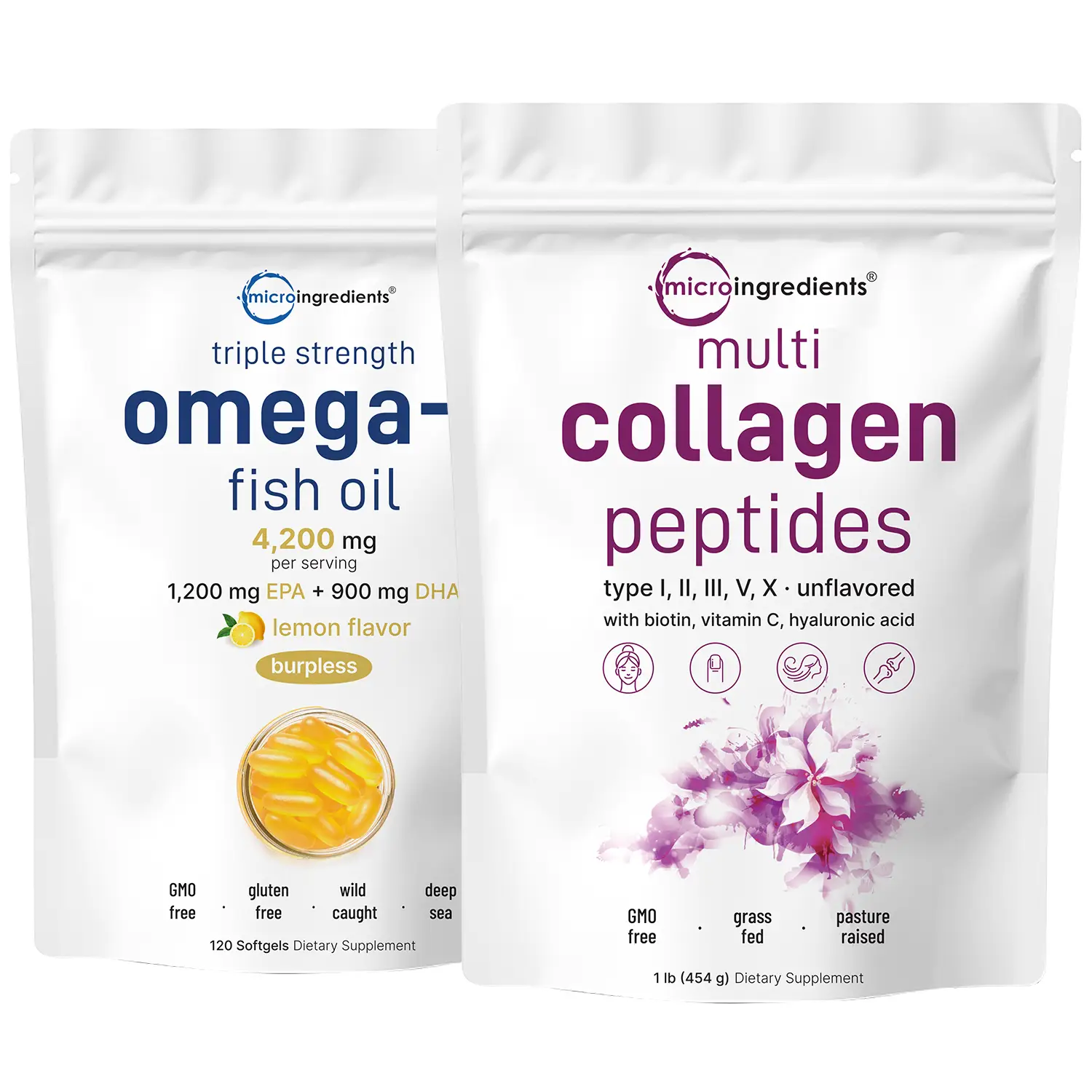 Micro Ingredients Multi Collagen Powder 1LB & Omega 3 Fish Oil 120 Softgels