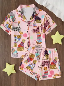 Women's Leopard Animal Pattern Print Short Sleeves Sleepwear Set, Soft Loose Fit Nightwear, Casual Home Wear Loungewear, Comfortable Milk Silk Fabric