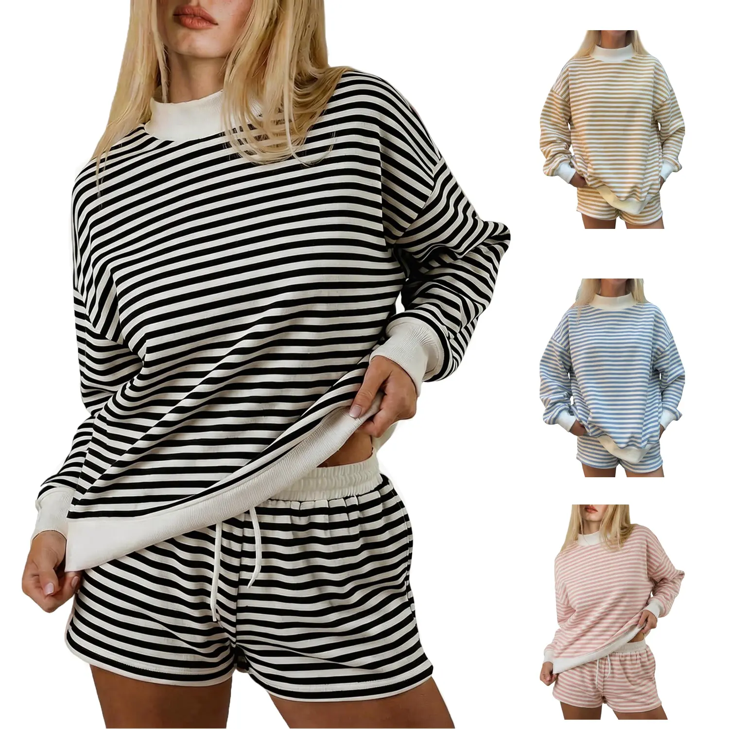 Yimoon Women's Striped Sweat Sets Mock Neck Sweatshirt and Shorts Matching Set 2 Piece Outfits Y2k Lounge Sets