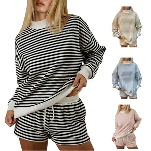 Yimoon Women's Striped Sweat Sets Mock Neck Sweatshirt and Shorts Matching Set 2 Piece Outfits Y2k Lounge Sets