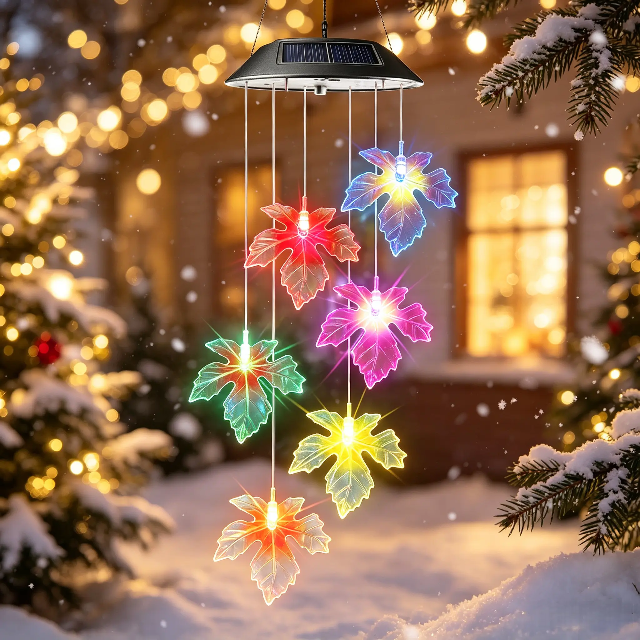 Christmas Maple Leaf Solar Wind Chime Lights, Color Changing LED Maple Leaf Hanging Light, Waterproof Outdoor Solar Powered Light for Xmas Yard Patio Garden Holiday Home Decor