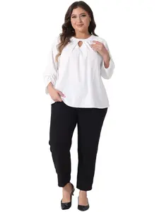 Agnes Orinda Plus Size Women's Business Work Pleated Blouses Crewneck Keyhole 3/4 Sleeve Tops Office Shirts
