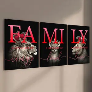 Family Letter & Lion Pattern Canvas Painting with Frame, Modern Art Design, 3 Counts Modern Wall Art, Wall Decor for Home Living Room Bedroom Office