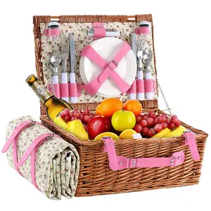 Wicker Picnic Basket for 4 with Waterproof Picnic Blanket and Insulated Cooler, Willow Hamper for Camping, Outdoors, Photoshoot, or a Birthday, Valentine’s Day, Wedding Gift, Pink