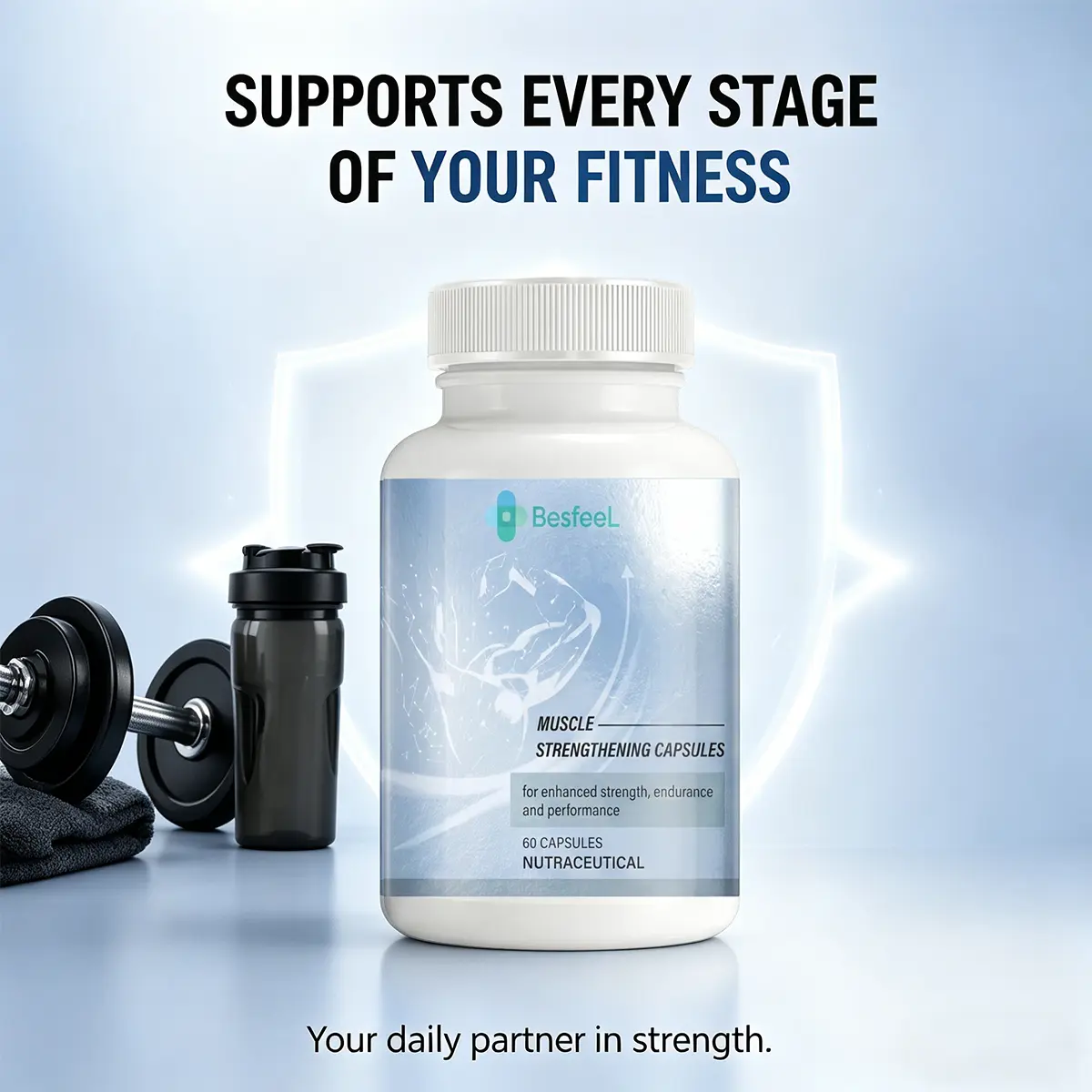 Muscle strengthening capsules for increasing muscle mass and endurance, strengthening muscles through training, and relieving pain in joints, muscles, bones, and cartilage.