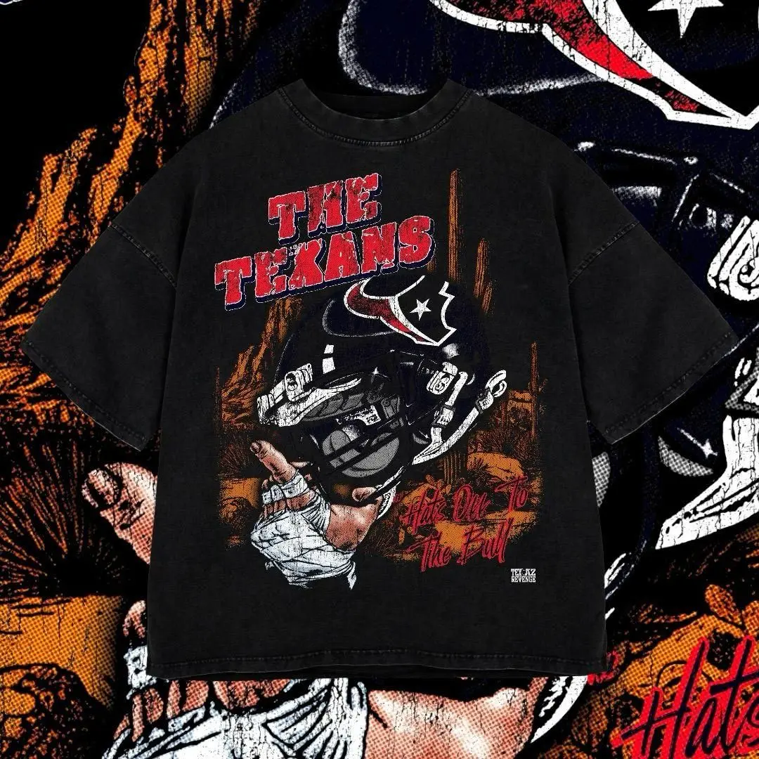 Red Texans  Cool Texas Washed T-Shirt For Men, Graphic Vintage Acid Wash Heavy Cotton Tee, Streetwear Football Oversized Cowboys Texas Mexican Fans, Made In US