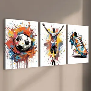 3-count wooden frame canvas, ink-wash style football-themed three-poster Set, atmosphere e-sports room/boys' room sports decoration, fashionable poster, modern home decoration, suitable for bedroom, living room and entrance hall decoration, waterproof art