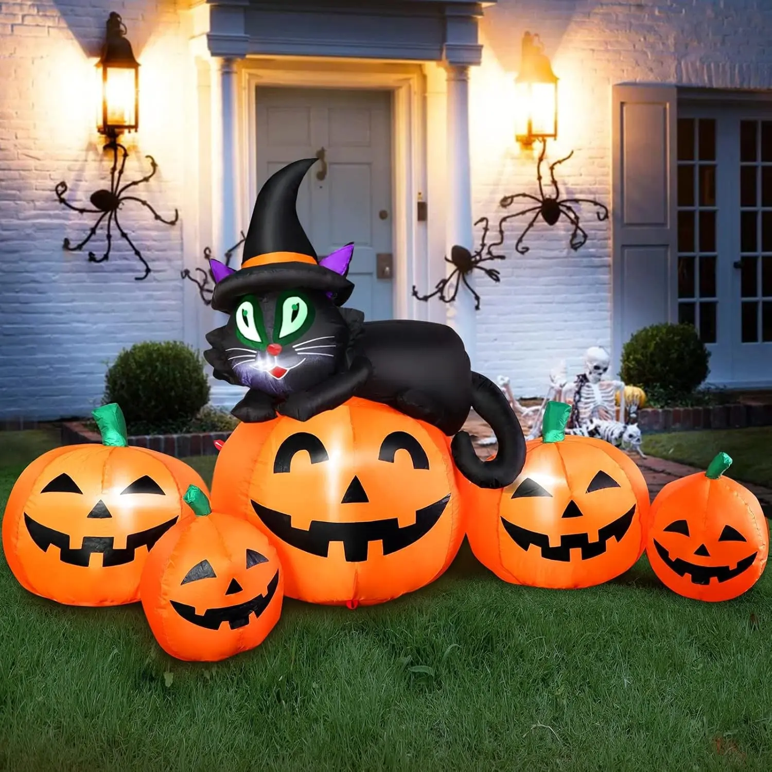5FT Halloween Inflatable Pumpkin Outdoor Decoration, Lighted Blow Up Yard Decor, 5PCS Pumpkins with Witch’s Black Cat Built in LED Lights for Balcony Home Holiday Party Lawn Patio Outside Events Prop
