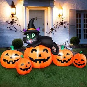 5FT Halloween Inflatable Pumpkin Outdoor Decoration, Lighted Blow Up Yard Decor, 5PCS Pumpkins with Witch’s Black Cat Built in LED Lights for Balcony Home Holiday Party Lawn Patio Outside Events Prop