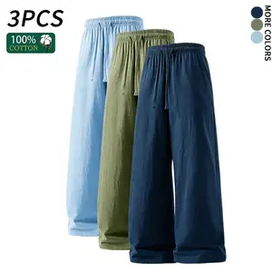 3pcs men’s wide-leg linen cotton pants, 100% cotton, elastic waist with drawstring, loose casual trousers,summervibes
