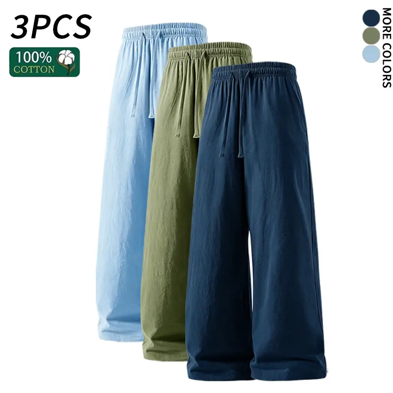 3pcs men’s wide-leg linen cotton pants, 100% cotton, elastic waist with drawstring, loose casual trousers,summervibes