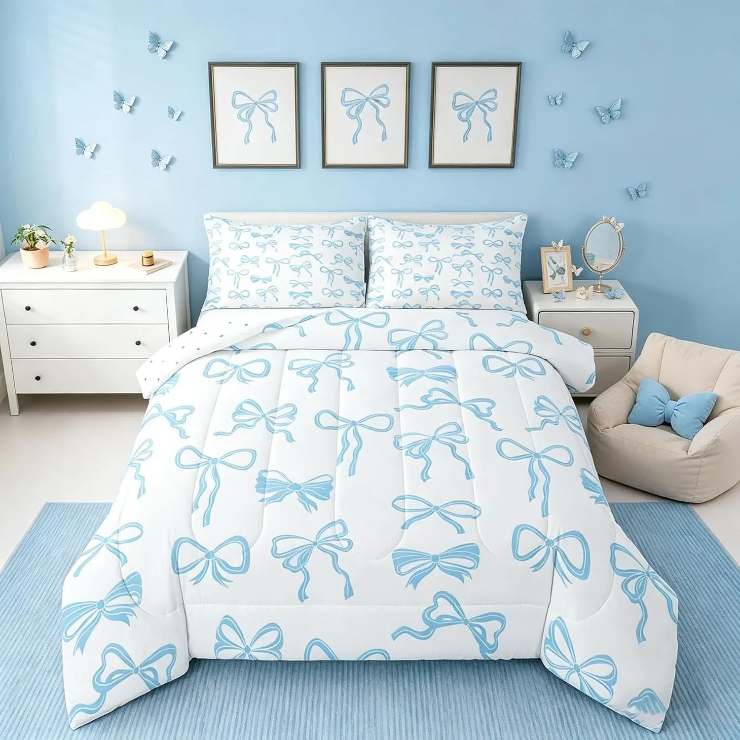 Blue Bow Bedding Set Cute Bowknot Comforter Set Princess Style Comforter Dreamy Quilt Set Bedding