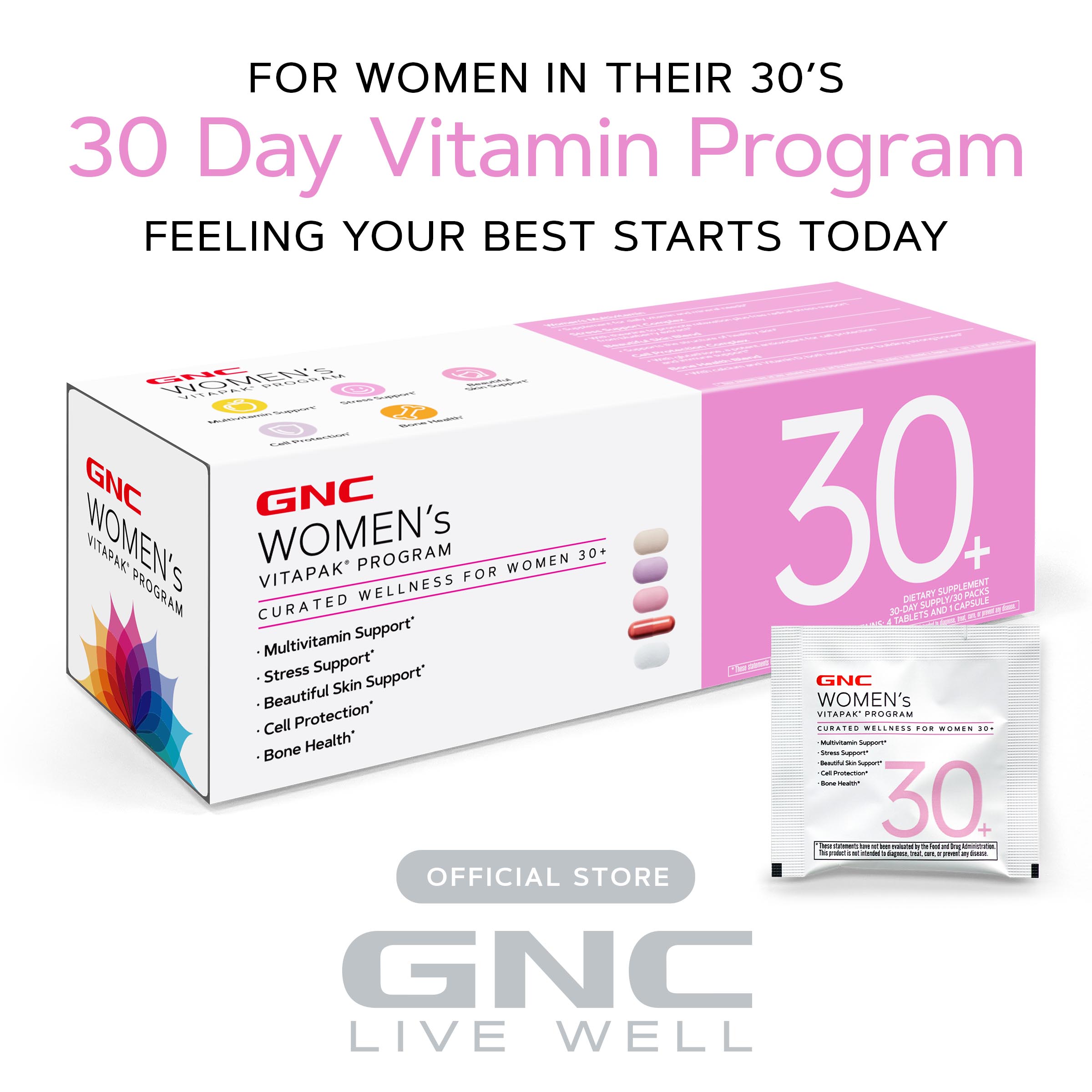 GNC: 30+ Vitapak Program for Women, 30 Day Supply, Multivitamin with Stress Support & Cell Protection Complex, Edible Healthcare Supplement