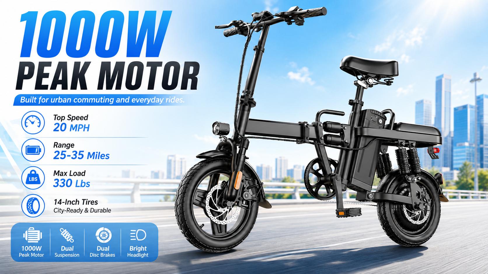 2026 Compact Foldable Electric Ebike for Adults - 14" Wheels, 20MPH Top Speed, 30+ Miles Range, 1000W Peak Motor, 48V Removable Battery, Multi-Shock Absorber, 330LBS Load, UL 2849 Certified, Full Accessories: Basket, Phone Mount, Lock, Rear Backrest, Comm