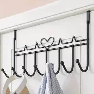 7 Hook Heart Door Storage Shelf with Sturdy Painted Finish, Iron Wall-Mounted Organizer for Towels, Clothes, Hats and Bags Storage Hooks