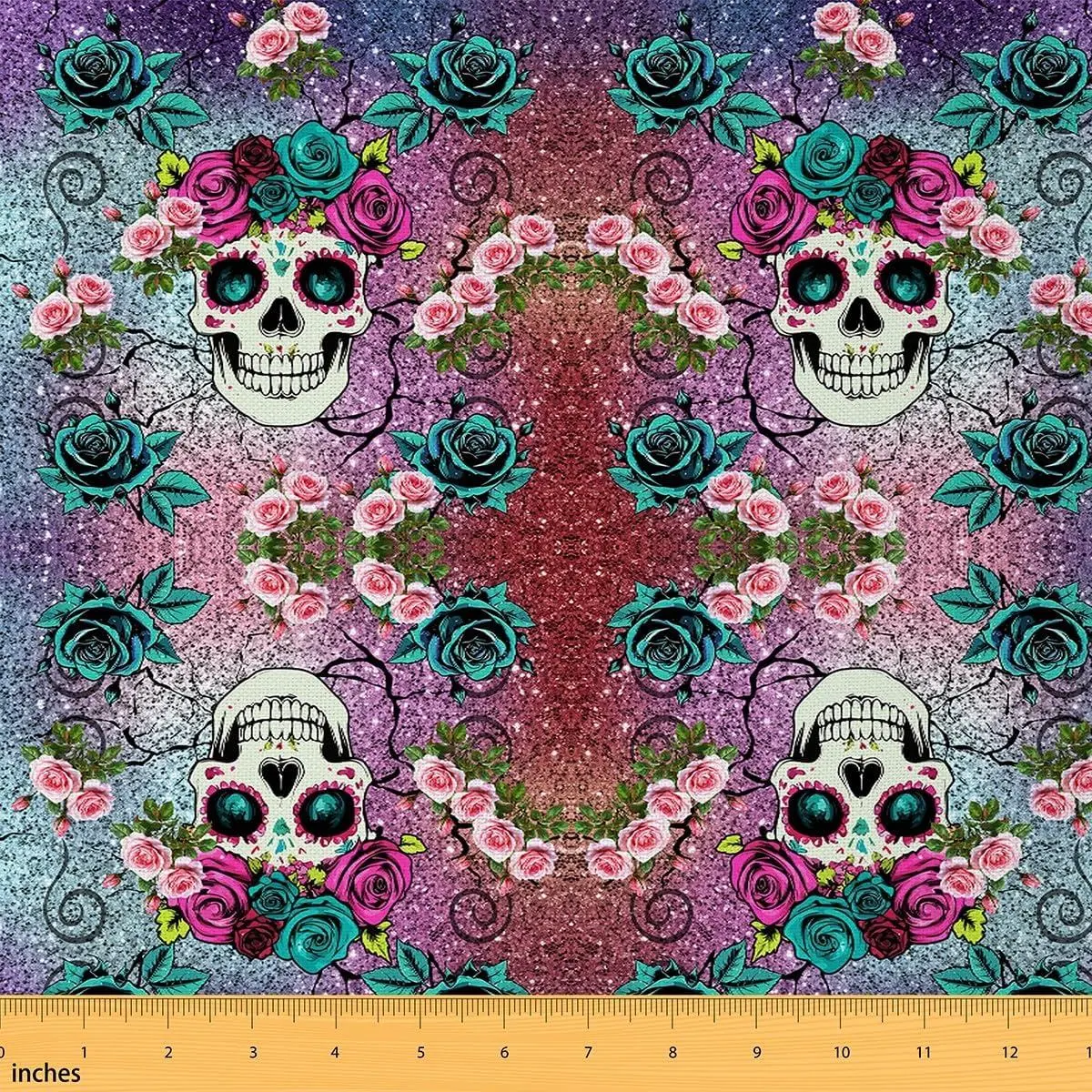 Sugar Skull Upholstery Fabric Chairs,Rose Skull Skeleton Fabric,Bohemian Style Gothic Bones Floral Decorative Fabric Upholstery and Home DIY Projects