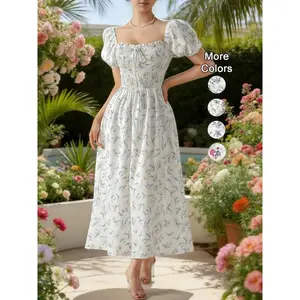 Women’s spring and summer printed fluffy-sleeve bow dress, elegant fitted design, adjustable square neckline, long princess skirt GARMENTARY