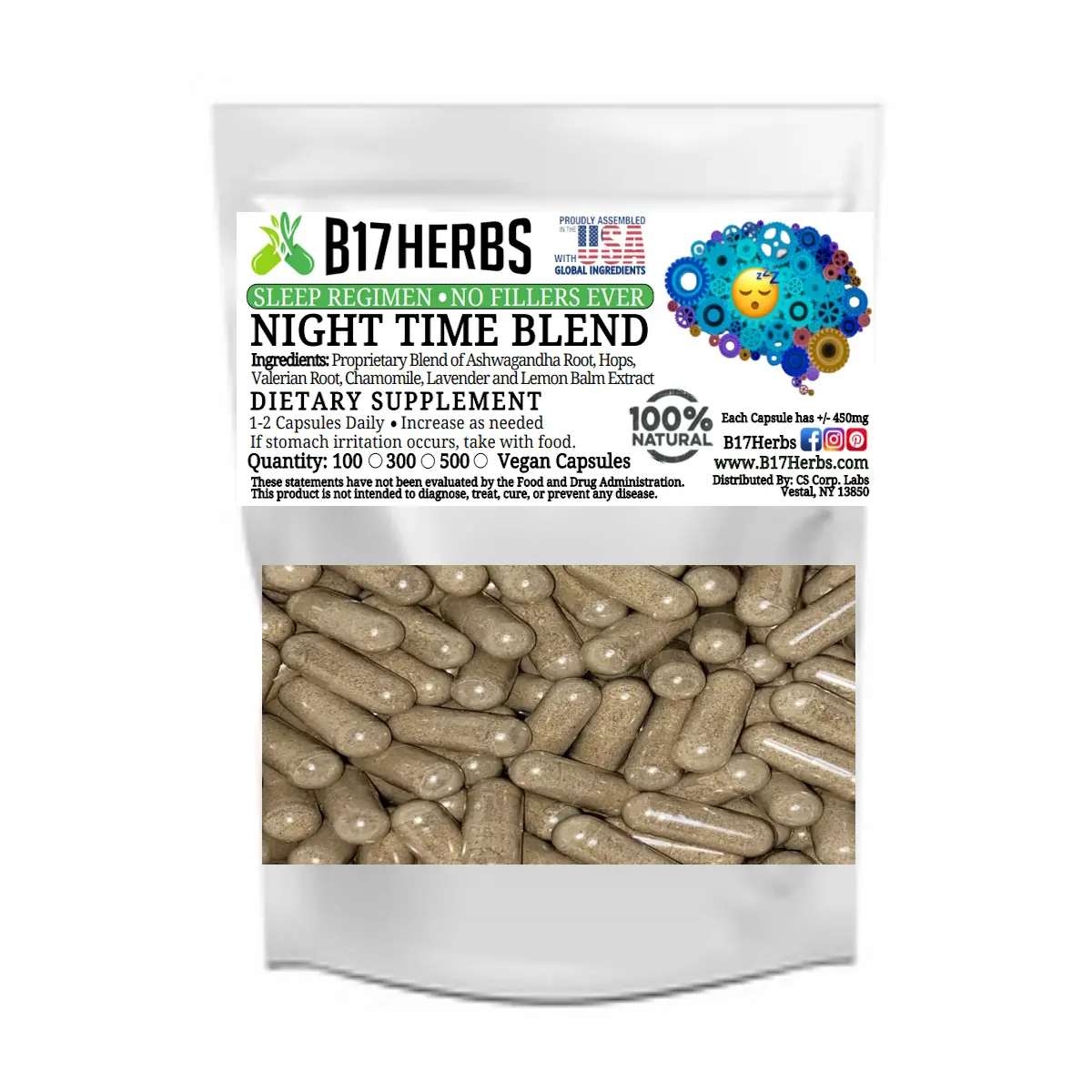 Sleep and Nighttime Blend - 100 pcs Veggie Capsules, 500mg Sleep and Nighttime Blend - 100 pcs Veggie Capsules, 500mg