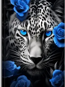 Leopard Wall Art Blue Eyes Leopard and Blue Roses Wall Decor Leopard Portrait Artwork Modern Animal Print Painting for Living Room Home Bedroom Decoration