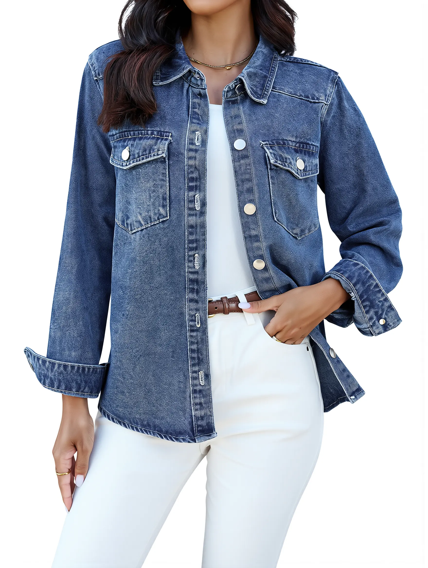 luvamia Denim Jackets for Women Trendy Long Sleeve Collared Neckline Button Down Shacket Trucker Jacket Casual Coats with Chest Pockets - Womenswear