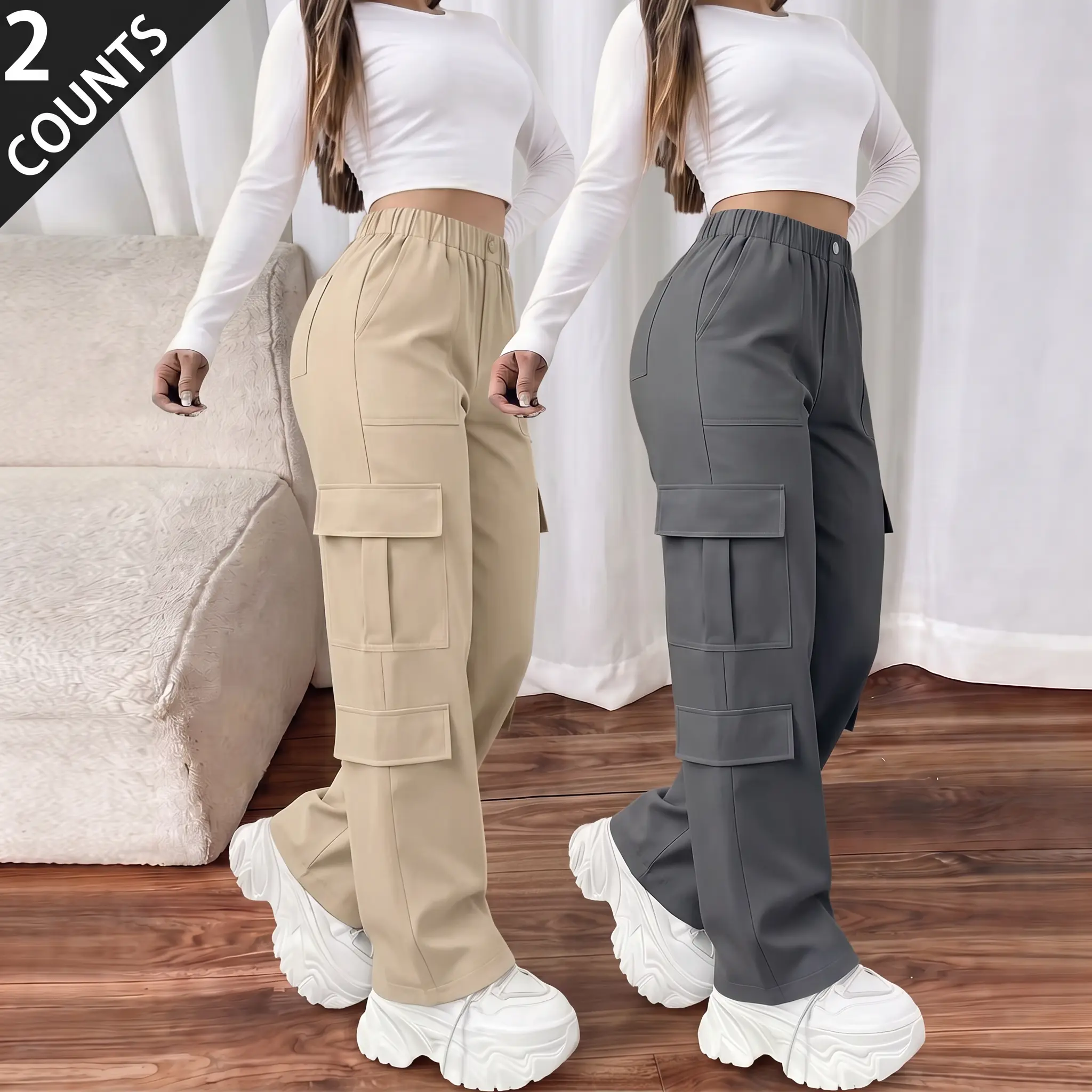 Women’s fashion European/American bestseller wide-leg pants with a drapey feel, high waist for a slimming effect, elastic waistband, casual long trousers—an elegant, effortless wardrobe essential; straight-leg office pants.