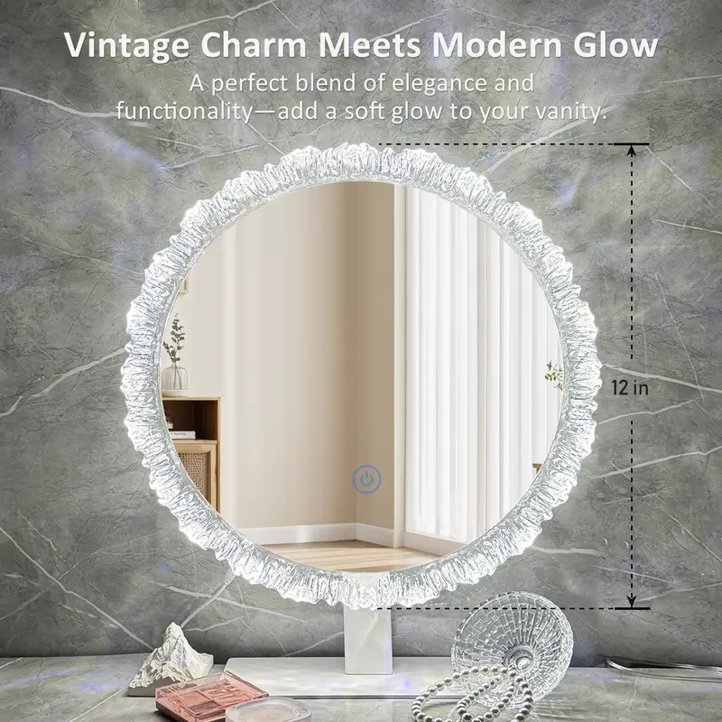 GLITGATE Iceberg 16 IN Lighted Vanity Mirror, Round Makeup Mirror With Touch Screen Control, LED Desktop Makeup Mirror, Circle Bathroom Mirrors For Over Sink,  Adjustable Brightness, 3 CCT, HD Mirror, Round Mirrors For Decor, Bedroom