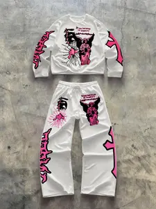 Men's Angel Print Two-Piece Sportswear Set, Y2K Gothic Aesthetic, Street Style, Loose Fit, Casual Spring & Fall Wear, Sweatsuit Outfits