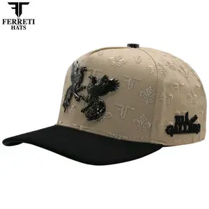 Ferreti Hats Premium FT180 Beige Unisex Structured Crown Hat - Sophisticated Sand Base, Bold Dark Elements, Luxe Urban Statement Piece with Distinct Character