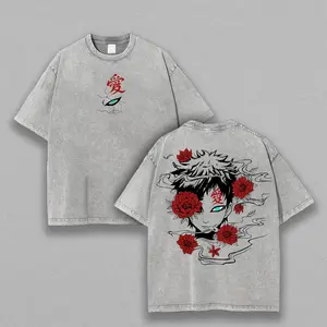 Gaara Red Flower Vintage Washed Tee – Naruto Unisex Oversize Anime Shirt