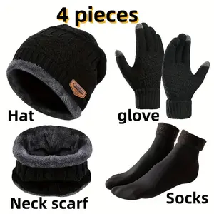Winter Warmth 4-Piece Set: Knit Beanie, Neck Scarf, Gloves, Socks - 100% Polyester, Hand Wash/Dry Clean, Textile Content Over 80%, Cozy Knitted Fabric