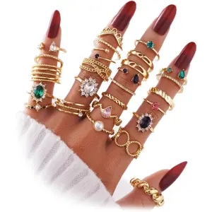 19-36 Pcs Gold Boho Knuckle Rings Set for Women, Vintage Stackable Dainty Joint Finger Gold Jewelry Set with Love Pearl and Sparkling Crystals
