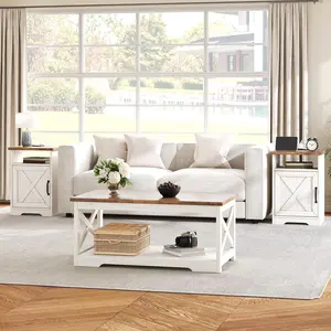 3-Piece Farmhouse Living Room Table Set with Coffee Table & 2 End Tables, Charging Station & USB Ports