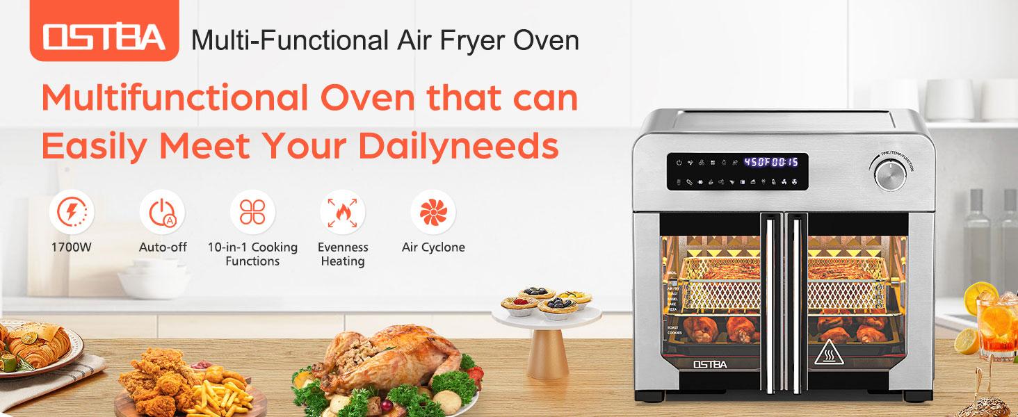 OSTBA French Door Air Fryer Toaster Oven Combo, 102 Recipes & 7 Accessories Extra Large Airfryer Convection Oven Countertop 10-in-1, 95% Less Oil, Fast & Crispy Cooking, Easy to Clean, Recipes