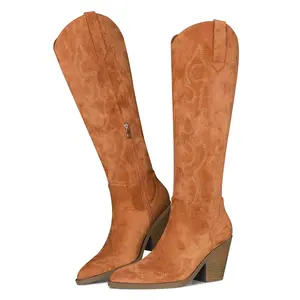 Womens Knee High Cowboy Boots Pointed Toe Chunky Block High Heel Side Zipper Embroidered Fashion Retro Chic Party Date Dress Concert Western Trendy Cowgirl Booties