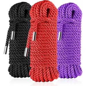 Soft Silk Tying Rope - Skin-Friendly Shiny Colored Nylon Binding Ropes, Durable Multi-Purpose Satin Braided Twisted Decorative Cord, Thickness 8MM, Each 32-Foot Long (Black Red Purple)