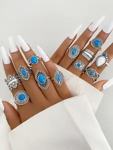 Bohemian Ethnic Crown Ring Set 12 Pieces, Vintage Exotic Imitation Blue Turquoise Rings, Fashion Jewelry for Women, Perfect Gift Idea