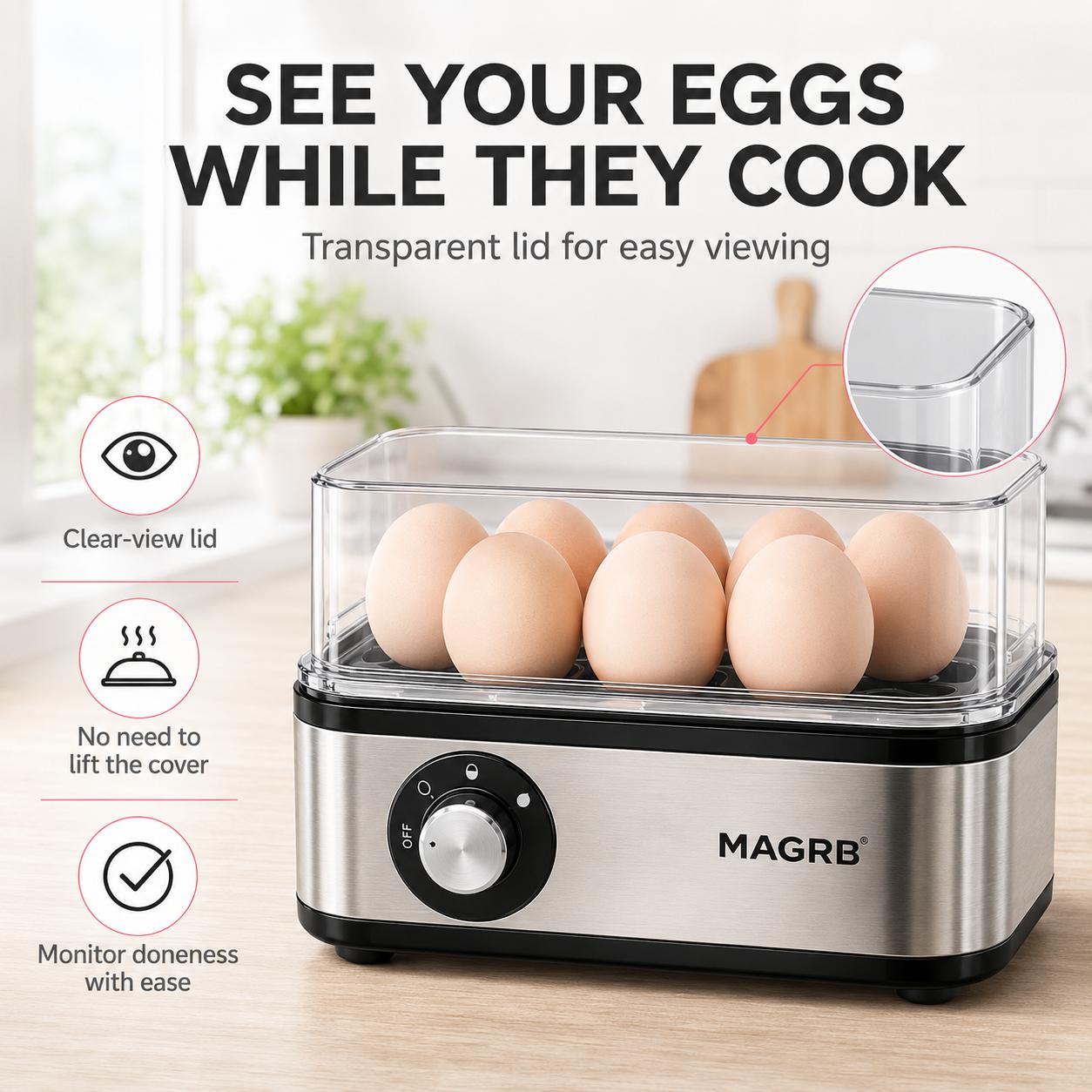 【DealsForYouDays】MAGRB Rapid Egg Cooker Electric 8 Egags Capacity, Soft, Medium, Hard Boiled, Poacher, Omelet Maker Egg Poacher With Auto Shut-Off, BPA Free